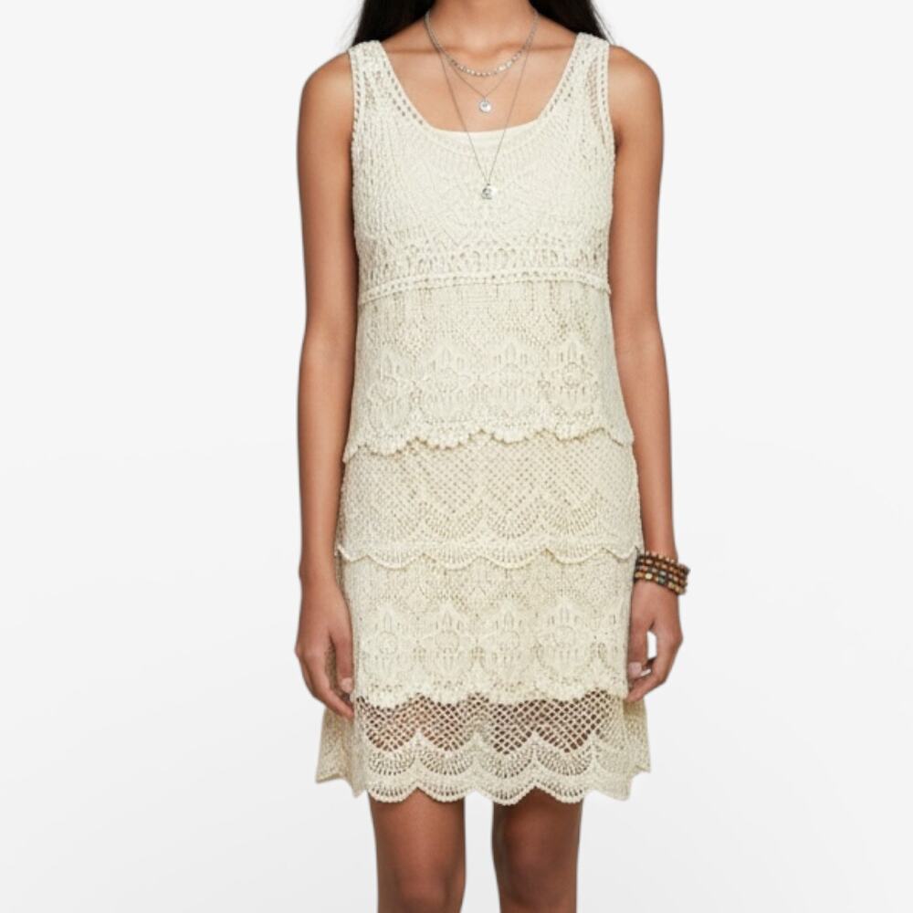 American Eagle Tiered Crochet Scallop Lace Festival Overlay Dress Ivory Sz S